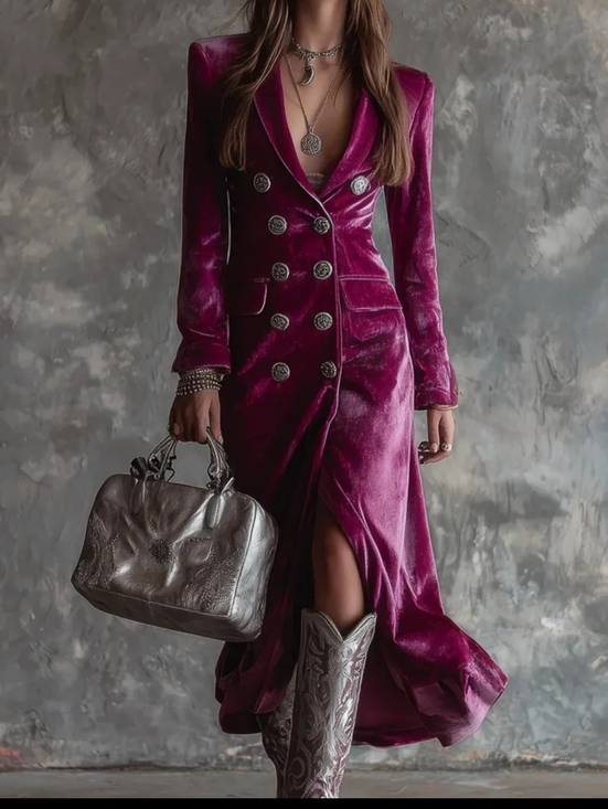 Dresses & Skirts - Women's Velvet Double-Breasted Midi Dress in Deep Magenta